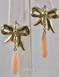 Angel Skin Coral & 14k Yellow Gold Bow Dangle/Drop Earrings, New