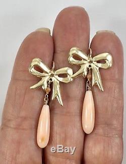 Angel Skin Coral & 14k Yellow Gold Bow Dangle/Drop Earrings, New