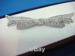Antique 14k White Gold Art-deco Filigree Bow Design Brooch With Old Mine Diamond