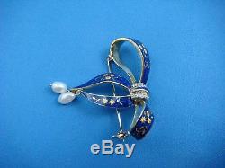 Antique 18k Gold Blue Enamel Bow Brooch Accented By Rose Cut Diamonds & Pearls