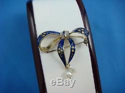 Antique 18k Gold Blue Enamel Bow Brooch Accented By Rose Cut Diamonds & Pearls