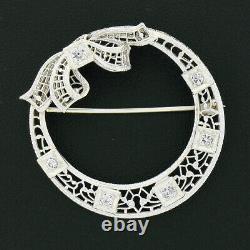 Antique Art Deco 14k White Gold Diamond Filigree Circle Wreath with Bow Brooch Pin