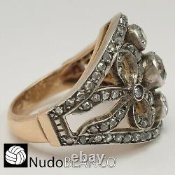 Antique Belle Epoque Russian Bow Ring Gold Silver Mine Cut Natural Diamonds