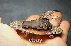 Antique Black Jet Cameo Hair Band Bow French Pate De Verre on 1917 Pewter Ename