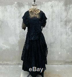 Antique Edwardian Floral Silk Lace Dress Handmade Lace Bows Gown Maxi Vintage