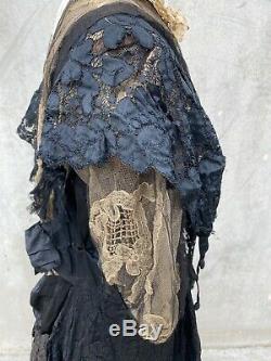 Antique Edwardian Floral Silk Lace Dress Handmade Lace Bows Gown Maxi Vintage