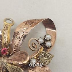 Antique Edwardian Pendant 9K Rose Gold Ribbon Bow Butterfly Bee Hand GloveDangle