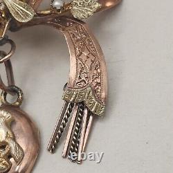 Antique Edwardian Pendant 9K Rose Gold Ribbon Bow Butterfly Bee Hand GloveDangle