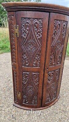 Antique Georgian Oak Bow Fronted Carved Corner Cabinet With Shelves Cupboard
