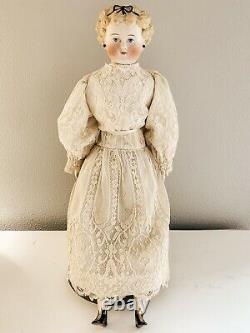 Antique German 20 Dolly Madison Parian China Head Doll Bow Earrings Lace Dress