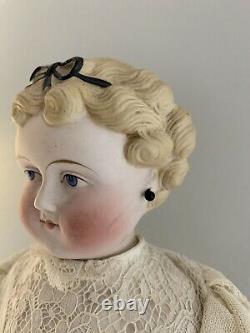 Antique German 20 Dolly Madison Parian China Head Doll Bow Earrings Lace Dress