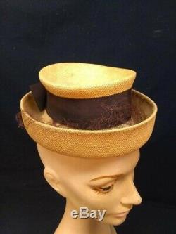Antique Ladies Hat-Fabric Woven with Brown Bow with Box