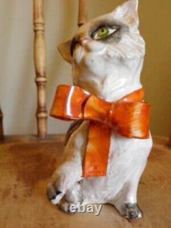 Antique Large Hand made Italian Ceramic Cat with Big Orange bow