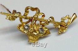 Antique Ribbon Bow Tie Motif Brooch Pin WithDiamond Accents Solid 18K Brushed Yg