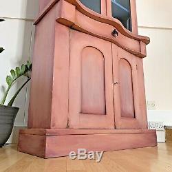 Antique Tall Display Cabinet Glass Fronted Doors Bowed Front Hand Painted Pink