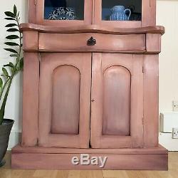 Antique Tall Display Cabinet Glass Fronted Doors Bowed Front Hand Painted Pink