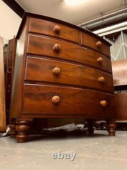 Antique Victorian 19th Century Figured Mahogany Chest Of Drawers Bow Fronted