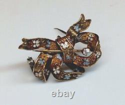 Antique Victorian Bow Pin Brooch Enamel Design Diamond Accents Solid 14K YG