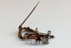 Antique Victorian Bow Pin Brooch WithEnamel Design Diamond Accents Solid 14K YG