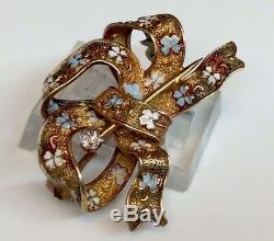Antique Victorian Bow Pin Brooch WithEnamel Design Diamond Accents Solid 14K YG
