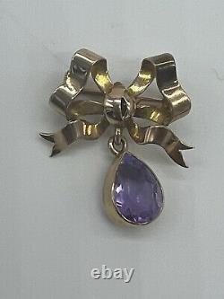 Antique Victorian/Edwardian 9ct gold amatyst bowithswag brooch (59)