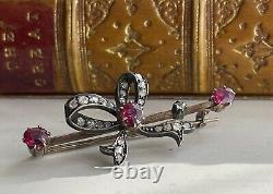 Antique Victorian Gold And Silver Bow Brooch Ruby & Old Mine Cut Diamond Ribbon