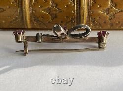 Antique Victorian Gold And Silver Bow Brooch Ruby & Old Mine Cut Diamond Ribbon