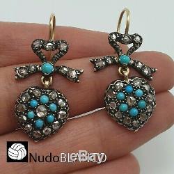 Antique Victorian Heart Bow Earrings Turquose And Rose Cut Diamonds 2.0ct