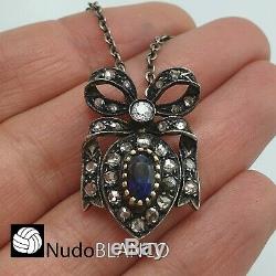 Antique Victorian Heart Bow Pendant Silver Gold 18k Sapphair Diamonds Necklace
