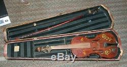 Antique Violin With Handmade Wood Case Germany Bow Extra Strings P/R Marked
