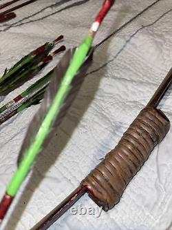 Antique Wooden Bow Arrow Old Hand Crafted Iron 13 arrows unbelievable NICE