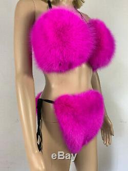 Arctic Fox Fur Bikini Two Pieces Double Sided Fur Fushia Color Panties and Top