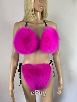 Arctic Fox Fur Bikini Two Pieces Double Sided Fur Fushia Color Panties and Top