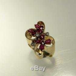 Art Deco 1920s Ruby Diamond Ring 14K Gold 585 Rubies Bow Butterfly Flower Daisy