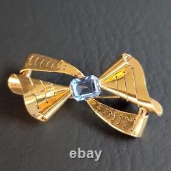 Art Deco Estate 18K Yellow Gold & Blue Topaz Bow Brooch Pin Vintage 1940's