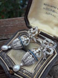Art Deco Style Stunning 925 Silver CZ & Blue Sapphire Pearl Bow Dangle Earring