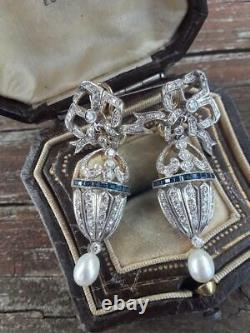 Art Deco Style Stunning 925 Silver CZ & Blue Sapphire Pearl Bow Dangle Earring