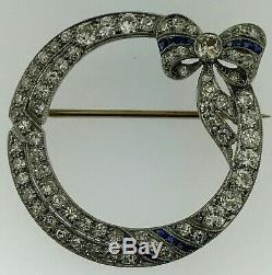Art DecoDiamond+Sapphire Set Platinum 3 CaratsCircle Bow Brooch / Pin1925