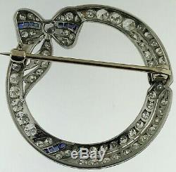Art DecoDiamond+Sapphire Set Platinum 3 CaratsCircle Bow Brooch / Pin1925