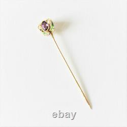 Art Nouveau 14k Gold Enamel Amethyst Seed Pearl Diamond Suffragette Stick Pin
