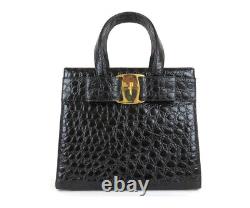 Auth Ferragamo Made in Italy Vara Ribbon Bow Black Embossed Leather Hand Bag