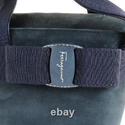 Authentic Salvatore Ferragamo Made Italy Vara Bow Navy Swede Leather Bucket Bag