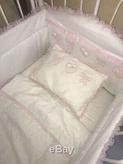Baby Girl Luxury Handmade Cot Bedding Set 5 Piece Pink White Hearts Bows