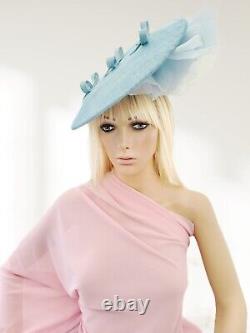 Baby Powder Blue Large Flower Fascinator, Percher Hat with Bows, Saucer, Races