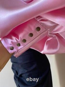 Baby pink Formal satin blouse with high neck, puffy sleeve and bow tie