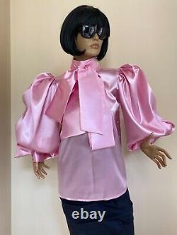 Baby pink Formal satin blouse with high neck, puffy sleeve and bow tie