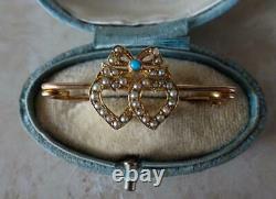 Beautiful Antique Victorian Gold Pearl & Turquoise Double Heart & Bow Brooch