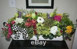 Beautiful Floral arrangement in Long Wooden Planter, With Mackenzie Childs Bow