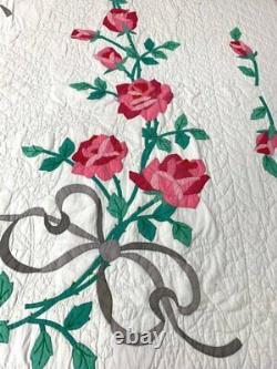 Beautiful! Vintage American Beauty Rose APPLIQUE Quilt Bows Cottage