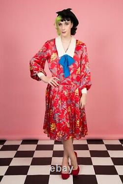 Beautiful Vintage Red Floral Silk Drop Waist Bow Sailor Style Dress Poss 20s